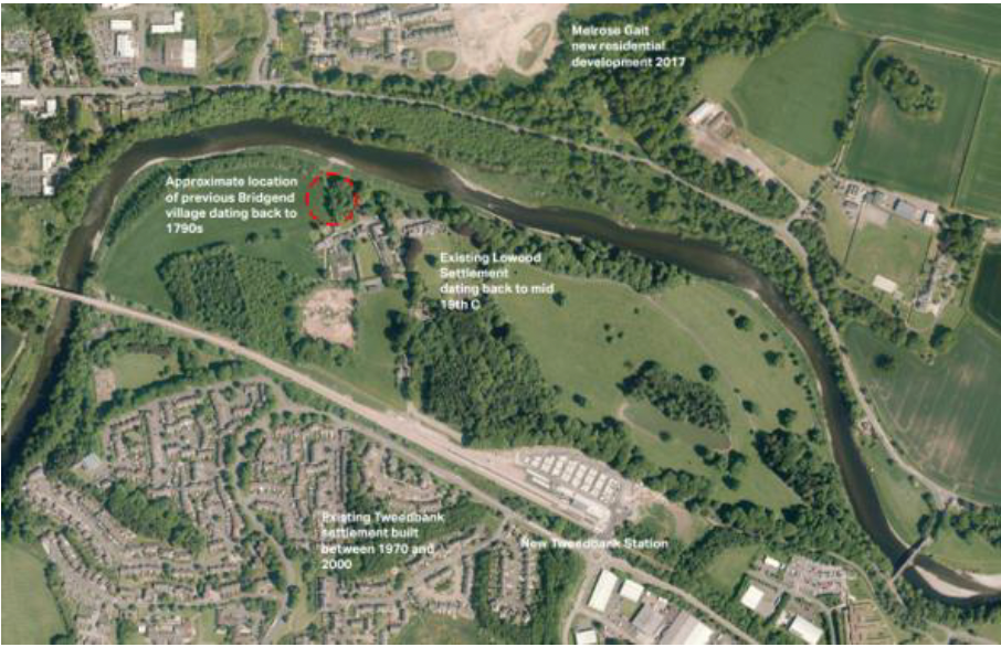 An aerial view of Tweedbank's potential project area being the land north of New Tweedbank station.