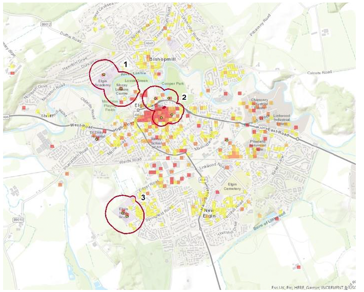 Map of three areas in Elgin that were identified as areas with the highest potential for heat networks in Moray Council’s LHEES.