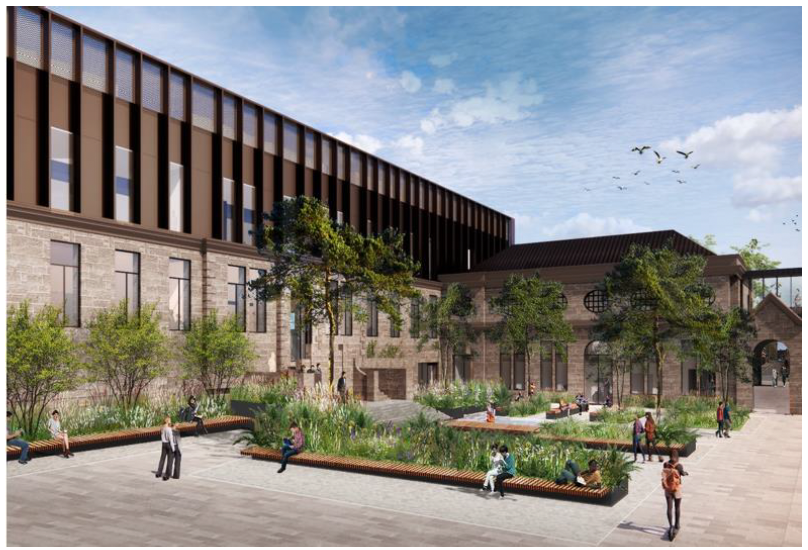 An architect's digital design idea of what the University of Abertay's campus could look like with the inclusion of plants and trees.
