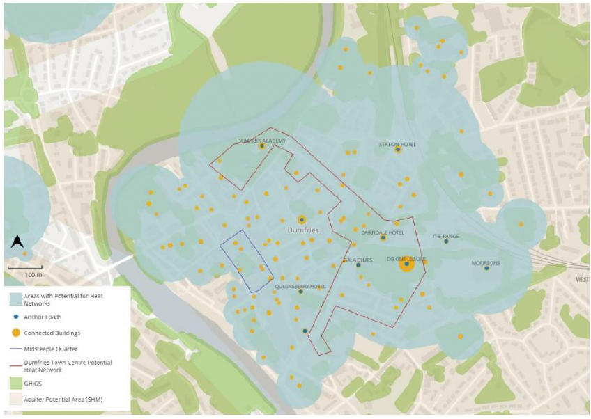 Map showing a potential heat network zone in Dumfries Town Centre.