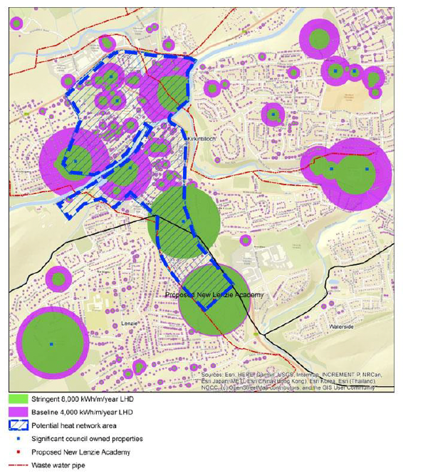 Map showing the potential Kirkintilloch Heat Network zone 