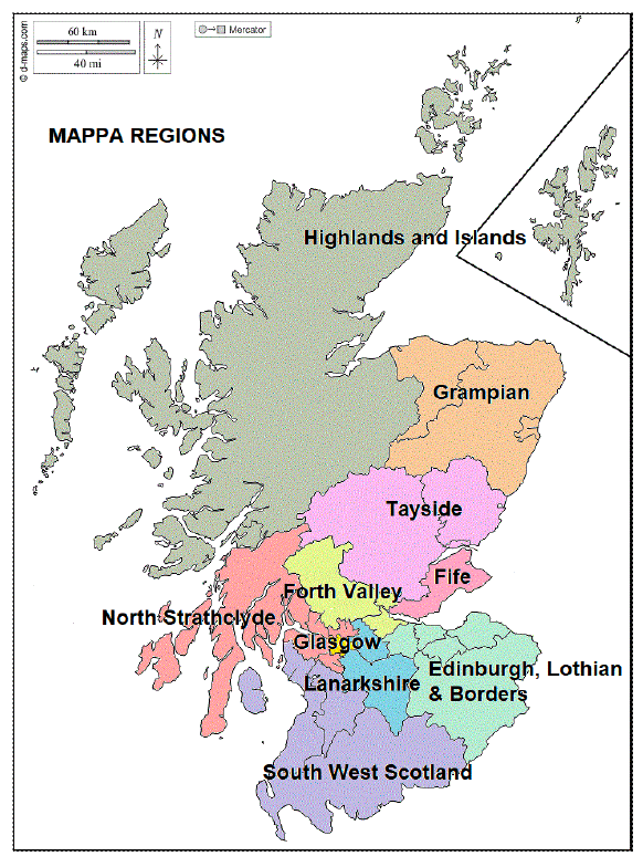A map of the ten MAPPA regions in Scotland. From top to bottom; Highlands and Islands, Grampian, Tayside, Fife, Forth Valley, North Strathclyde, Glasgow. Lanarkshire, Edinburgh, Lothian & Borders and South West Scotland.
