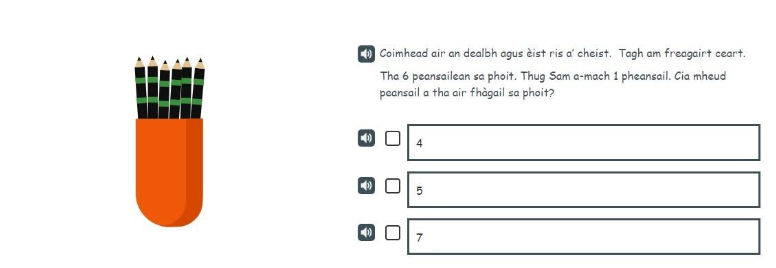 A Gaelic example of a P1 number item for subtraction.