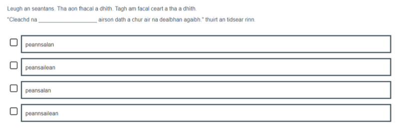 A Gaelic example of a P7 Spelling item assessing pluralisation.