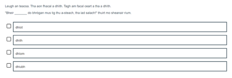 A Gaelic example of an S3 Grammar item assessing prepositional pronouns.