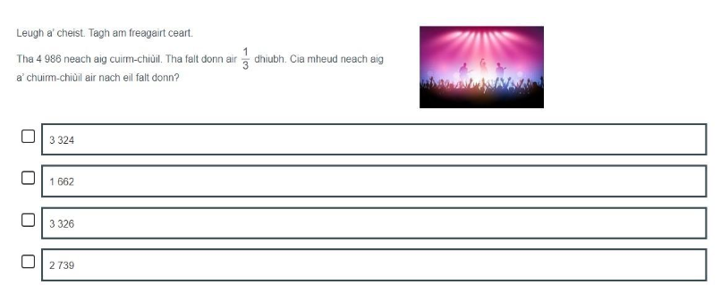A Gaelic example of an S3 fractions, decimal fractions and percentages item calculating a number based on a fraction.