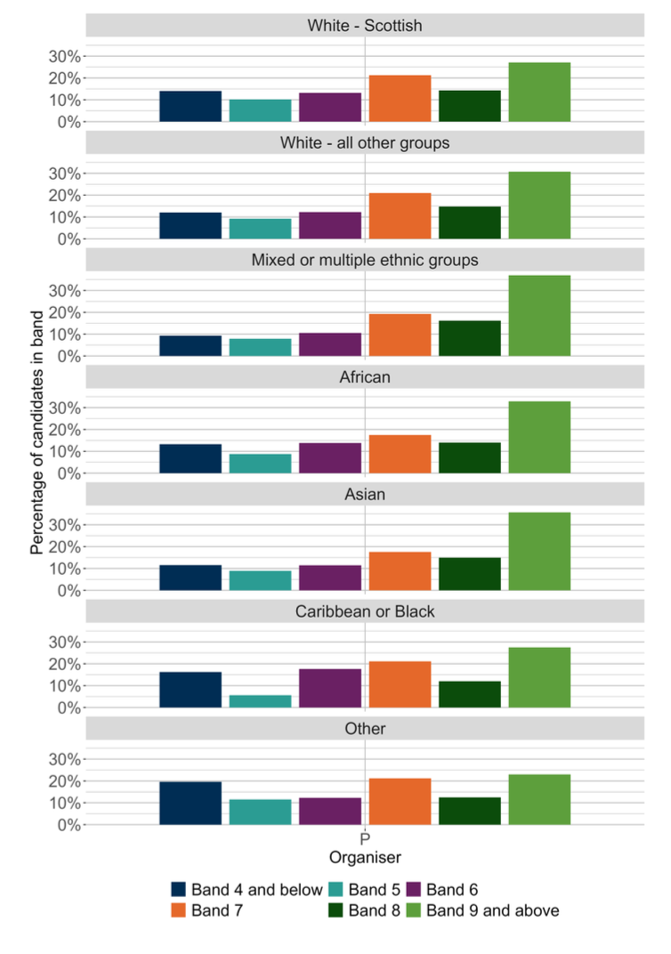 A bar chart showing the SNSA P4 Writing outcomes for the Punctuation organiser distributed by ethnic background.