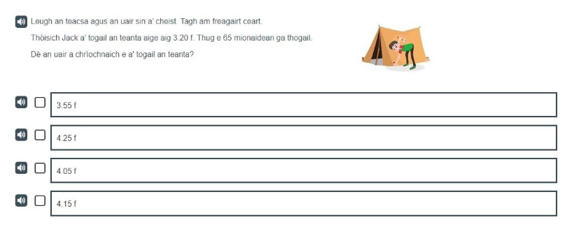 A Gaelic example of a P4 measurement, time and money item adding time intervals.