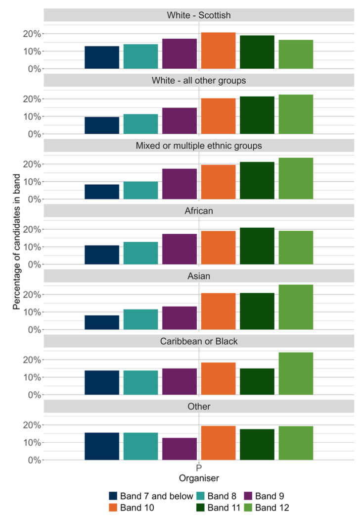 A bar chart showing the SNSA S3 Writing outcomes for the Punctuation organiser distributed by ethnic background.