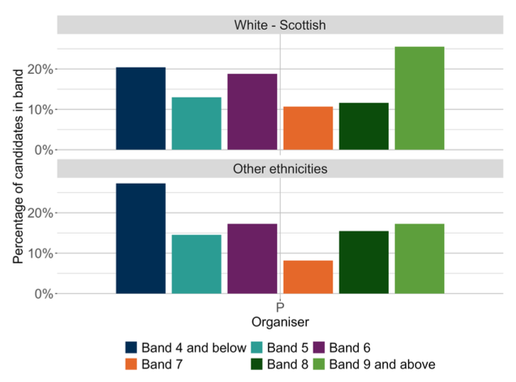 A bar chart showing the Punctuation organiser outcomes for MCNG P4 distributed by ethnic background.