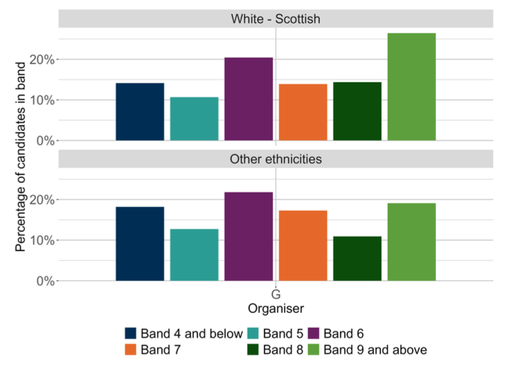 A bar chart showing the Grammar organiser outcomes for MCNG P4 distributed by ethnic background.