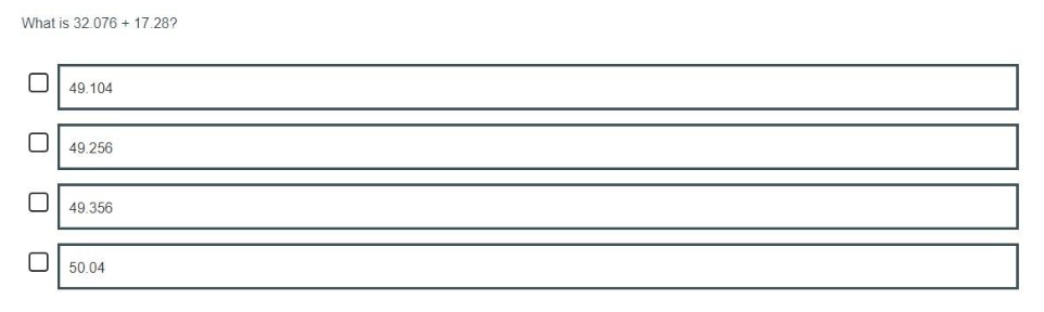 An English example of an S3 Number item assessing the addition of decimal fractions.