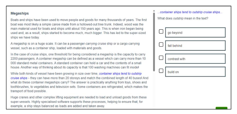 An English example of a P7 Tools for reading item to identify the meaning of a word in context. 