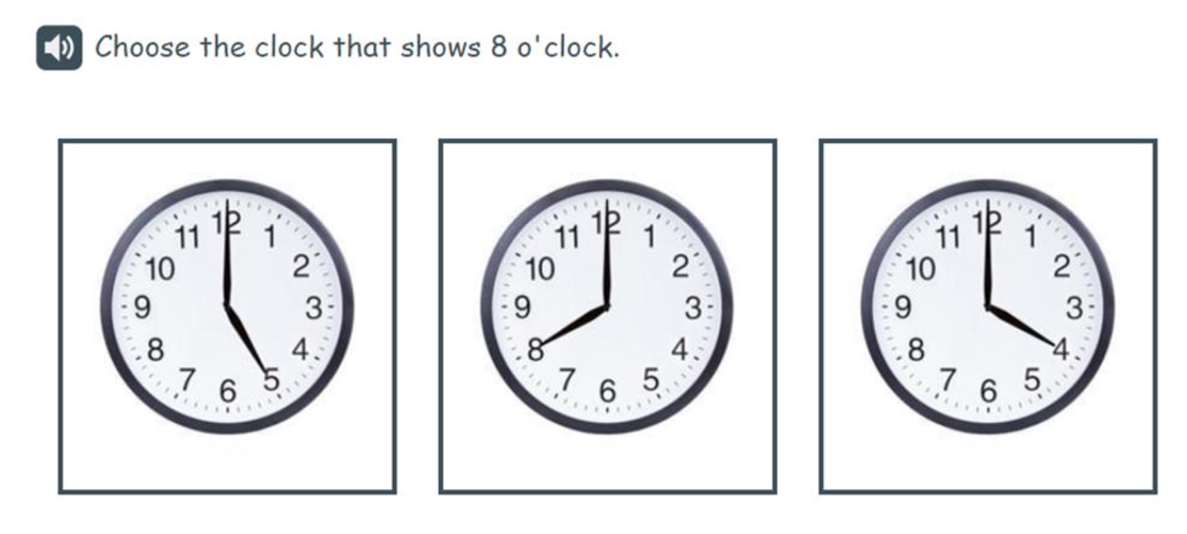 An English example of a potential P1 measurement, time and money item to choose the clock that shows the correct time.