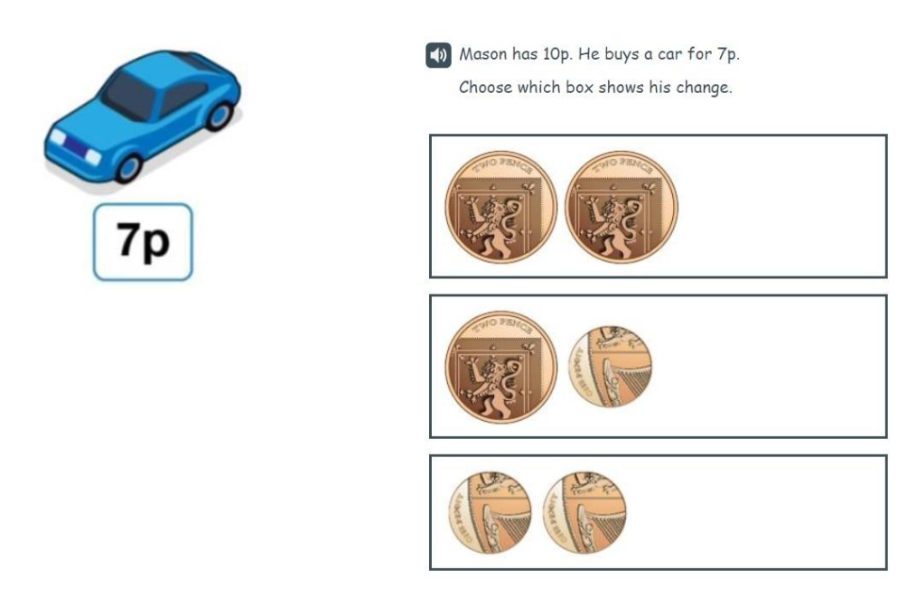 An English example of a P1 measurement, time and money item assessing the understanding of coin values.