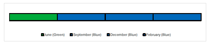Timeline showing the reported RAG ratings for each month. This recommendation was Green in June and has been reported Blue in September, December and February.