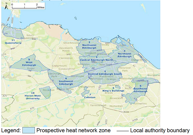 A map of the city of Edinburgh showing highlighted heat network zones identified in their LHEES.