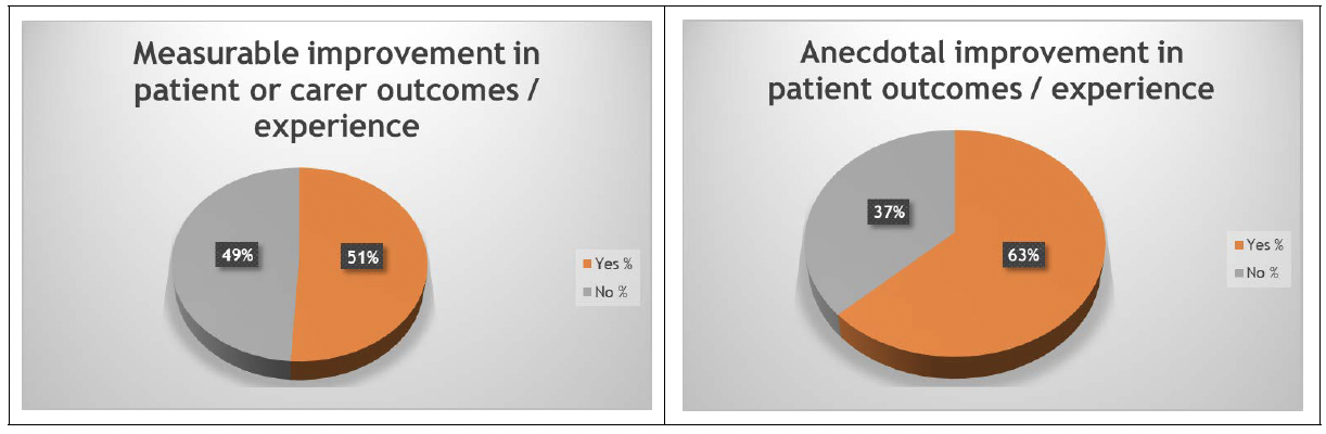 Left image: image shows a pie chart, detailing projects which have shown measurable improvement in patient or carer outcomes/ experience. Right image: image shows a pie chart, detailing projects which have shown anecdotal improvements in patient outcomes/ experience