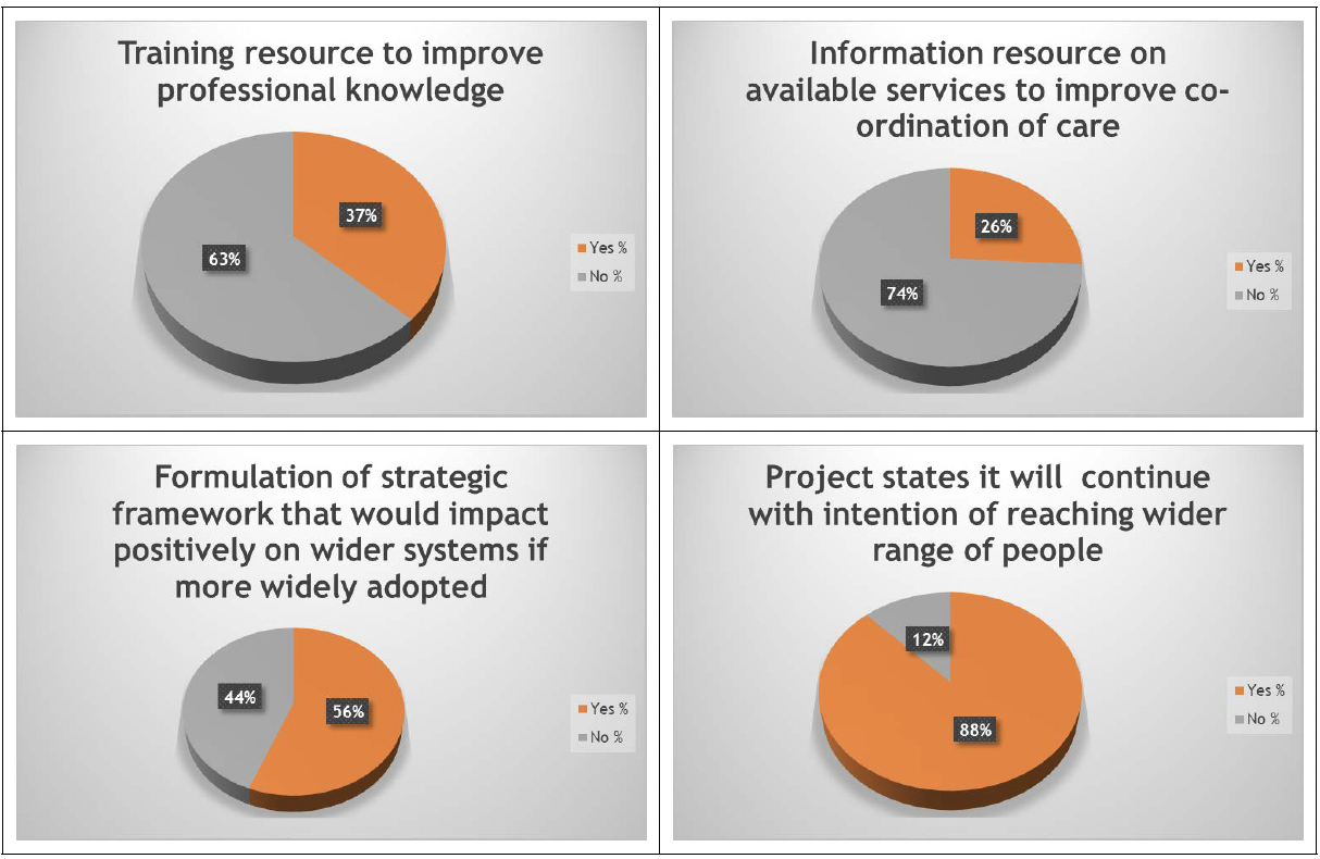 Left top image: image shows a pie chart, detailing projects which have shown to provide training resources to improve professional knowledge. Right top image: image shows a pie chart, detailing projects which have shown to provide information resource on available services to improve co-ordination of care. Bottom left image: image shows a pie chart, detailing projects which have shown formulation of strategic framework that would impact positively on wider system if more widely adopted. Bottom right image: image shows a pie chart, detailing projects which state it will continue with intention of reaching wider range of people