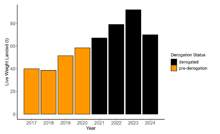 Bar plot of total live weight landings (tonnes) of all wrasse species from 2017–2024, showing a peak in 2023