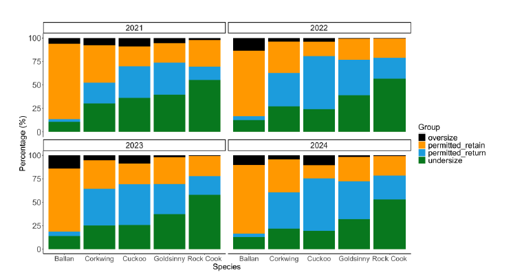 Bar plot of % wrasse from first 20 pots by undersized, oversized, permitted, returned or retained. 