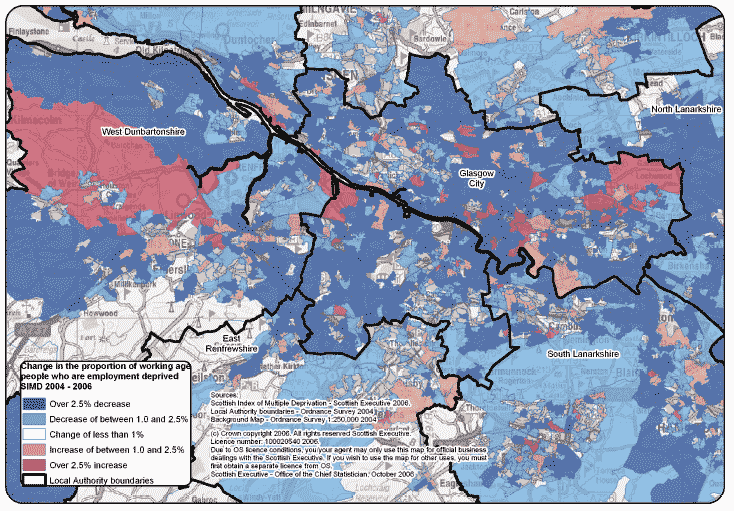 image of Map 2.6 Change in the proportion of working age people who are employment deprived between SIMD 2004 and SIMD 2006 in Glasgow City and surrounding area