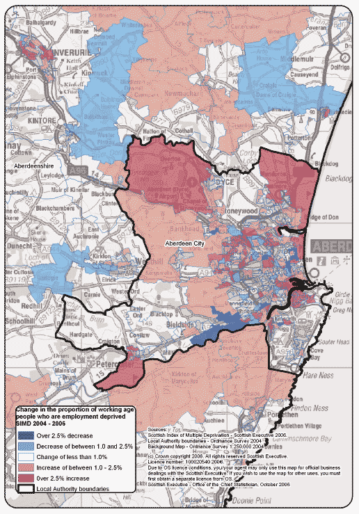 image of Map 2.7 Change in the proportion of working age people who are employment deprived between SIMD 2004 and SIMD 2006 in Aberdeen City and surrounding area