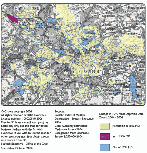 image of The15% most deprived areas in the SIMD 2004 and SIMD 2006, Glasgow City and surrounding area