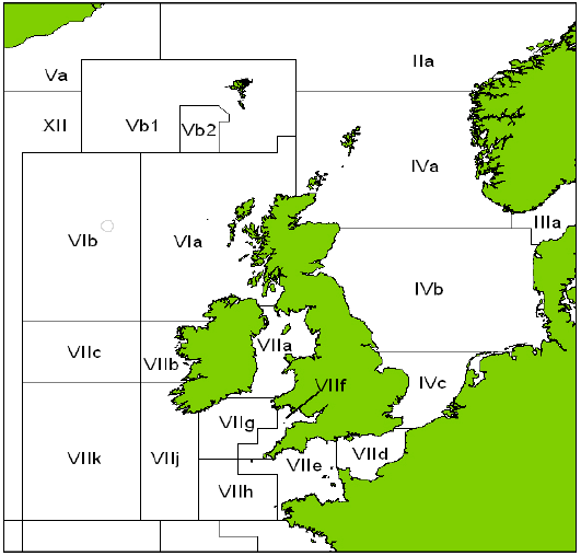 ICES Fishing Areas around the UK Coastline