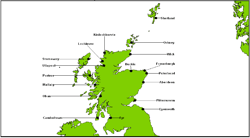 map showing Port districts and ports in Scotland