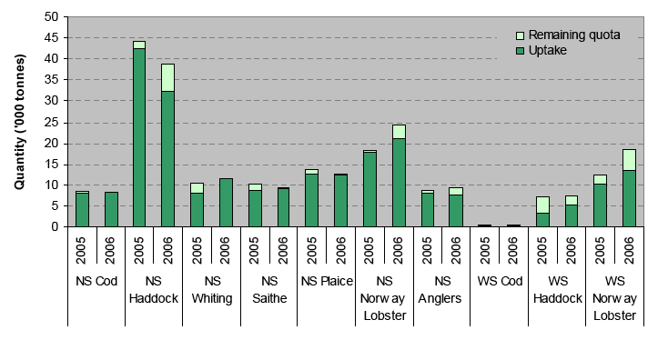 Chart IV: Quota uptake of main North Sea (NS) and West of Scotland (WS) demersal stocks by UK vessels in 2004 and 2005