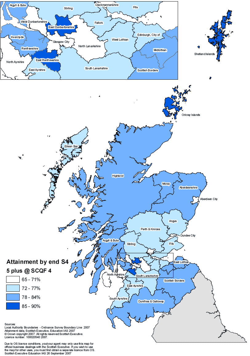 Chart 4: S4: Percentage of roll with 5+ awards at SCQF 4 or better, 2006/07