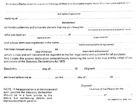 Births, Deaths & Marriages -Declaration in respect of change of name or surname (Child) -Form for completion