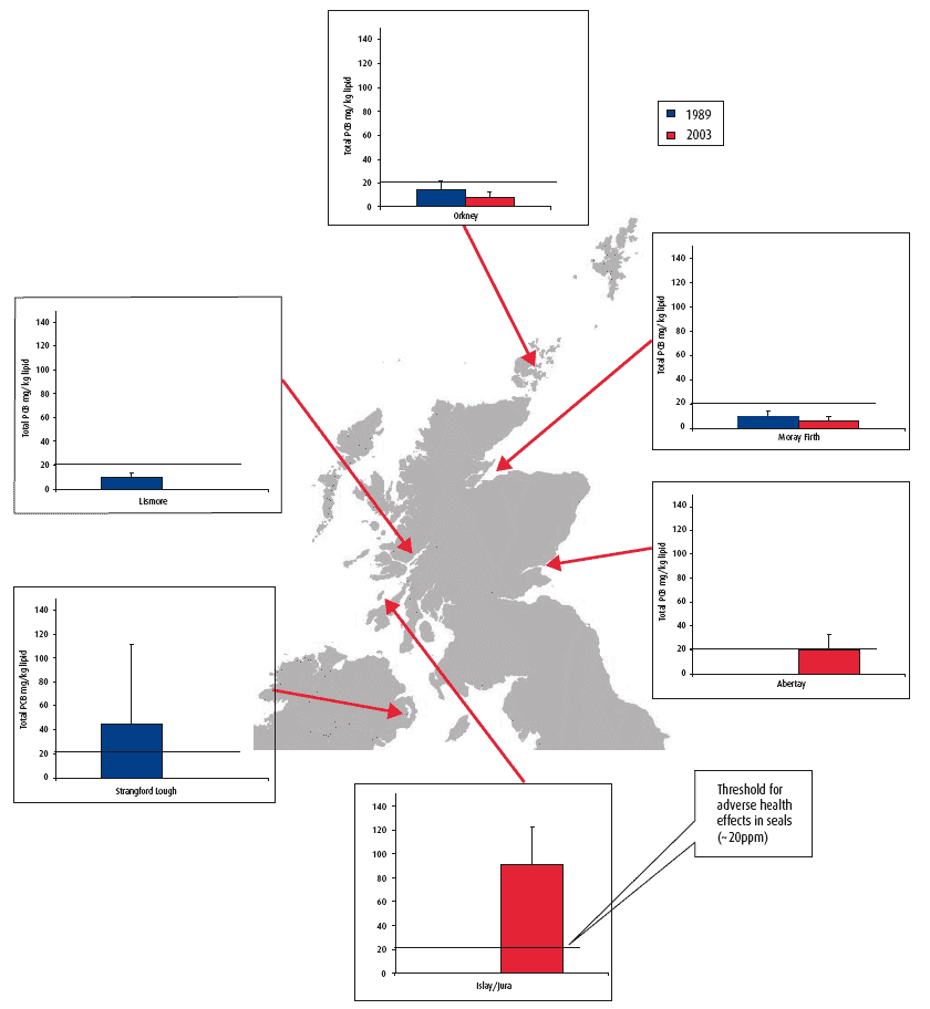 Figure 3.6 Relationship between total PCBs and total PBDEs in adult male harbour seals from Scotland