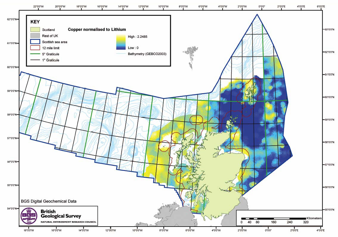 Figure 3.7 Distribution of copper around the Scottish coast (normalised to lithium)