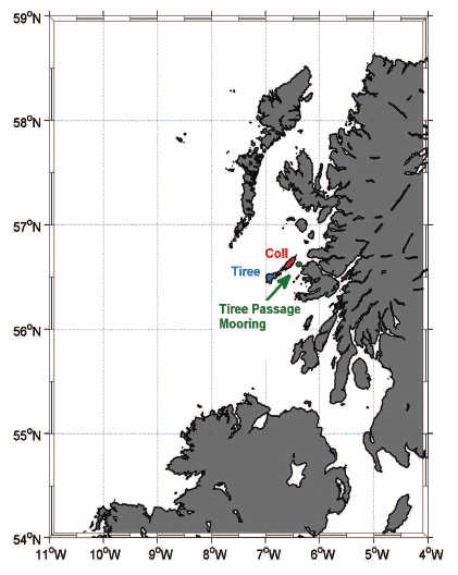 Figure 2.8 Location of the current meter mooring in the Tiree Passage between the islands of Coll and Mull