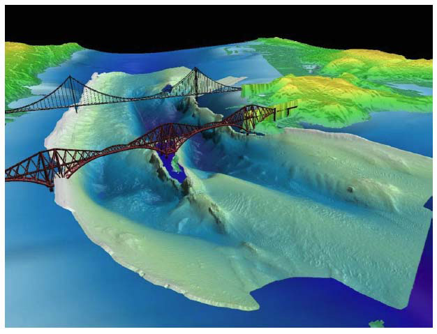Figure 2.14 Rock outcrops used to support the Firth of Forth bridges obtained using multi-beam echo-sounders.