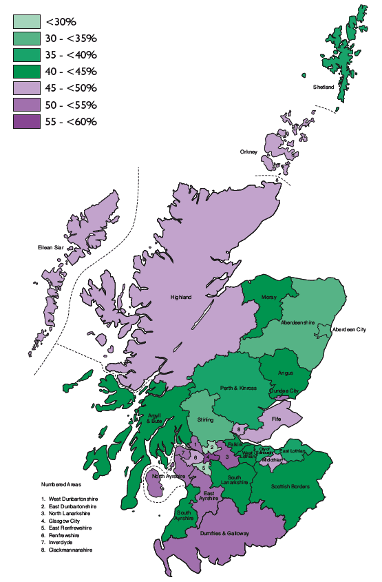 Map 5.1: Percentage of children living in households that are dependent on out of work benefits OR child benefit more than the family element - 2006-07