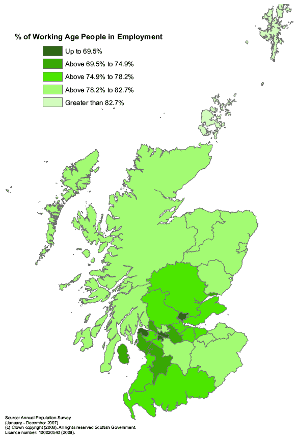 Map 4.1: Employment rates by Scottish Local Authority area, 2007