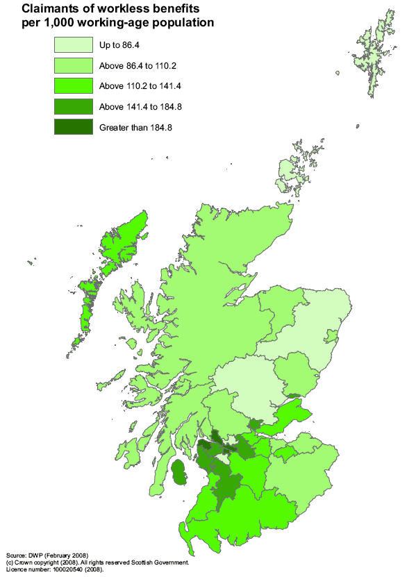 Map 4.2: Claimants of workless benefits (Jobseeker's Allowance, Incapacity Benefit and Income Support) by Local Authority, February 2008