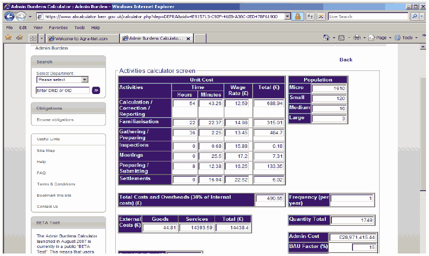 Figure 2.4 An Example of an Output Table from The BRE Online Admin Burdens Calculator 