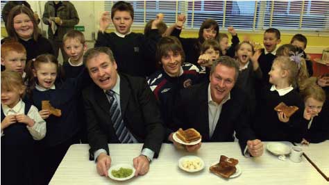 Richard Lochhead, Cabinet Secretary for Rural Affairs and the Environment, launching the National Food and Drink Discussion at a school breakfast club along with chef Nick Nairn