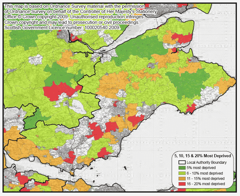 Map: most deprived datazones on the access domain in SIMD 2009