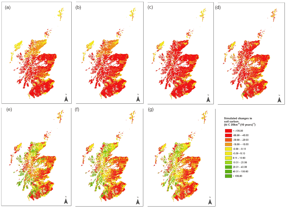 Figure 4.2.14. ECOSSE simulations of changes in soil C stocks on organic soils across Scotland due to all land use changes occurring between 1950 and 2010. Simulations assume soil disturbance on afforestation (a) 1950s; (b) 1960s; (c) 1970s; (d) 1980
