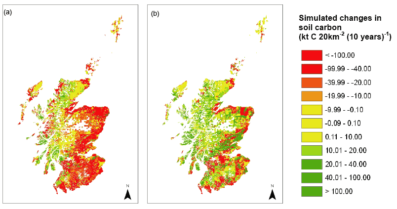 Figure 4.2.21. Simulated changes in soil C stocks in 2010 to 2019 as predicted by ECOSSE assuming a disturbance of the soil on afforestation (a) no mitigation options applied; (b) conversion of semi-natural land to arable or grassland and stopped and