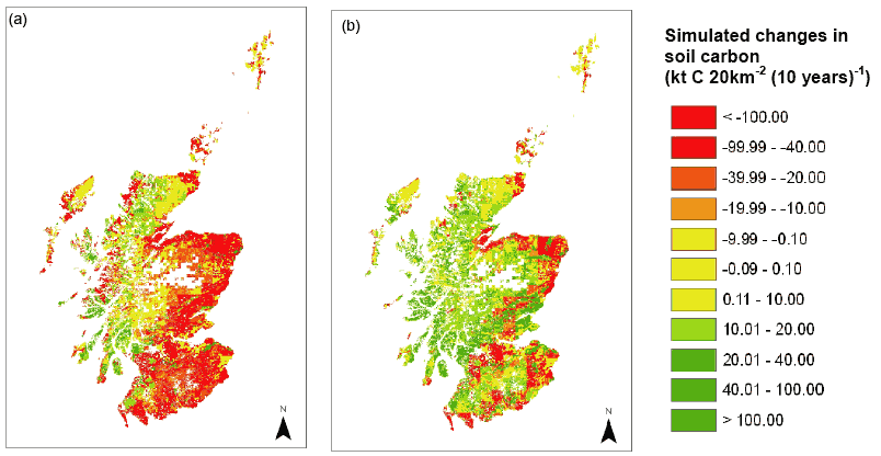 Figure 4.2.22. Simulated changes in soil C stocks in 2010 to 2019 as predicted by ECOSSE assuming a disturbance of soil on afforestation (a) no mitigation options applied; (b) conversion of semi-natural land to arable or grassland stopped and convers