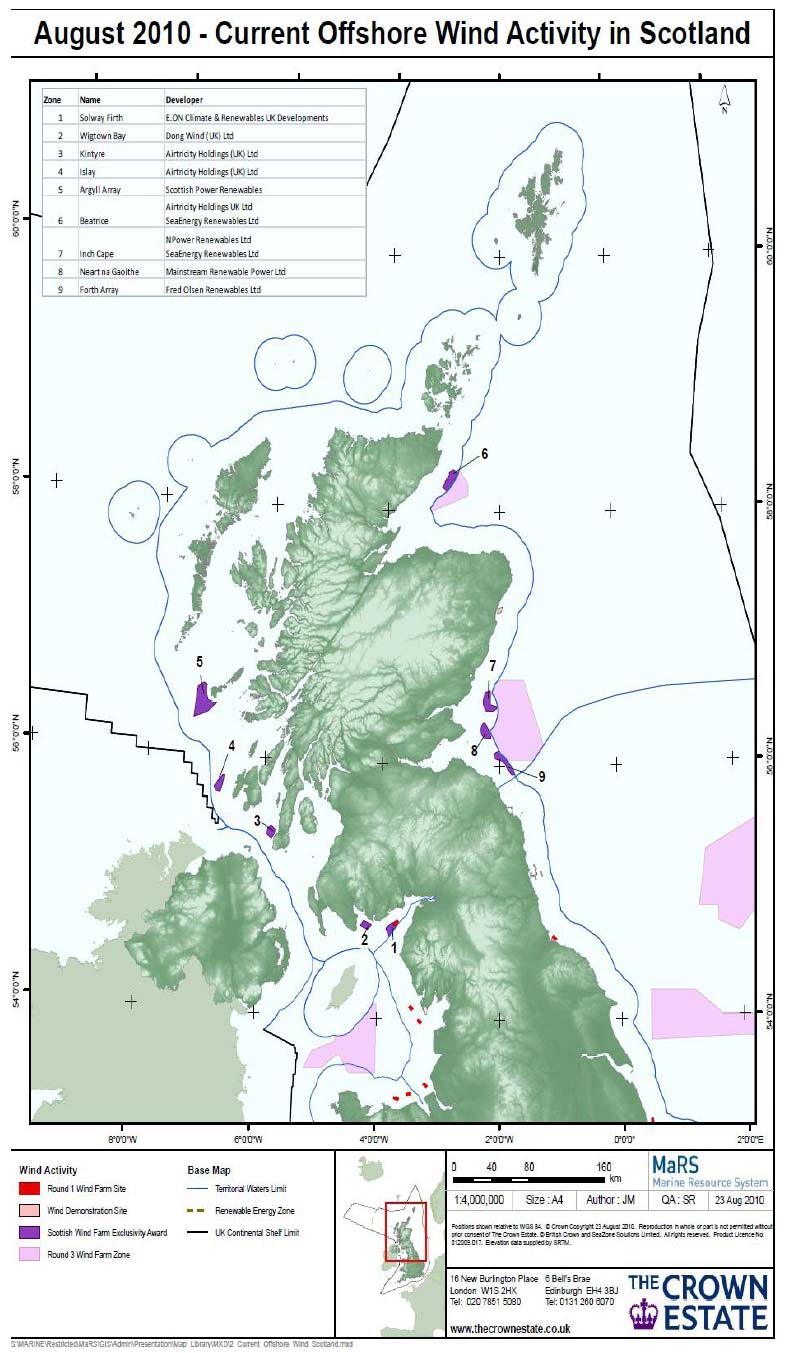 Map of Scottish Territorial Waters sites and Round 3 sites