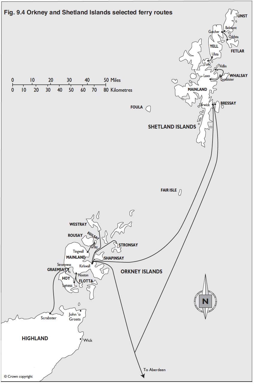 Figure 9.4 Orkney and Shetland Islands selected ferry routes