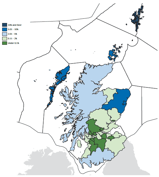 Core marine sector employment by local authority area (% of total employment, 2007)