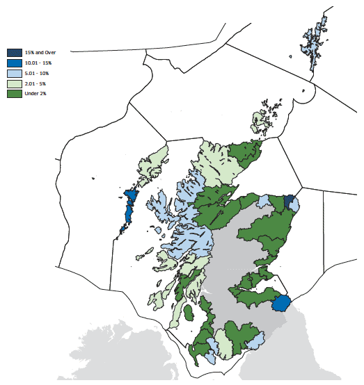 Direct employment in fishing, processing and aquaculture activities by travel to work areas (% of total employment, 2007)
